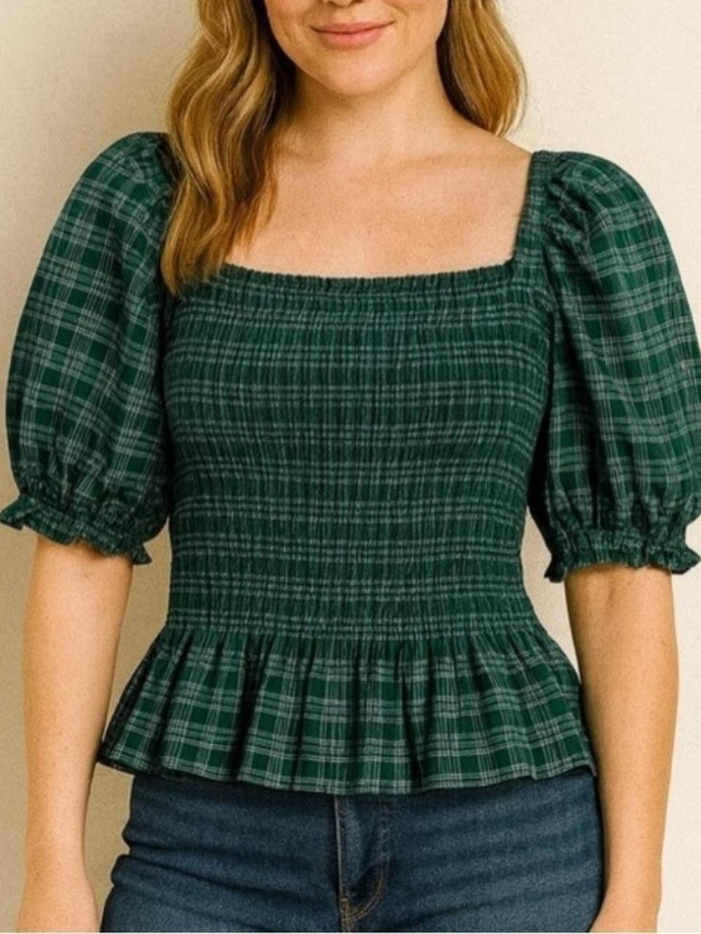 J. Crew Green Plaid Smocked Square-Neck Puff Sleeve Top Sz Large